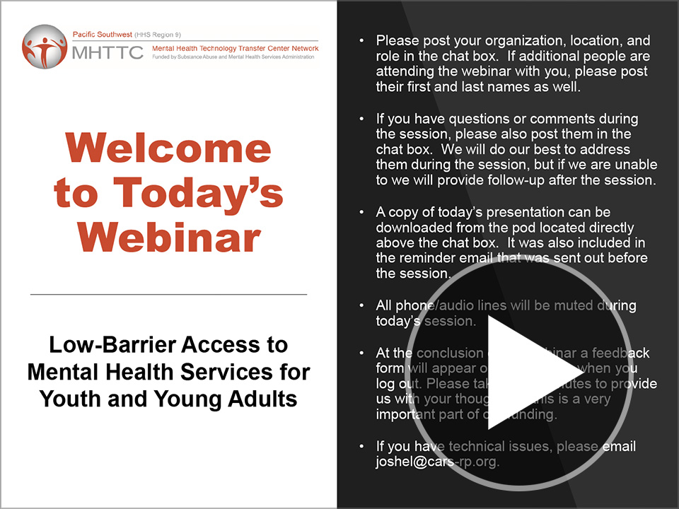 Title slide for Low Barrier Access to Mental Health Services for Youth and Young Adults