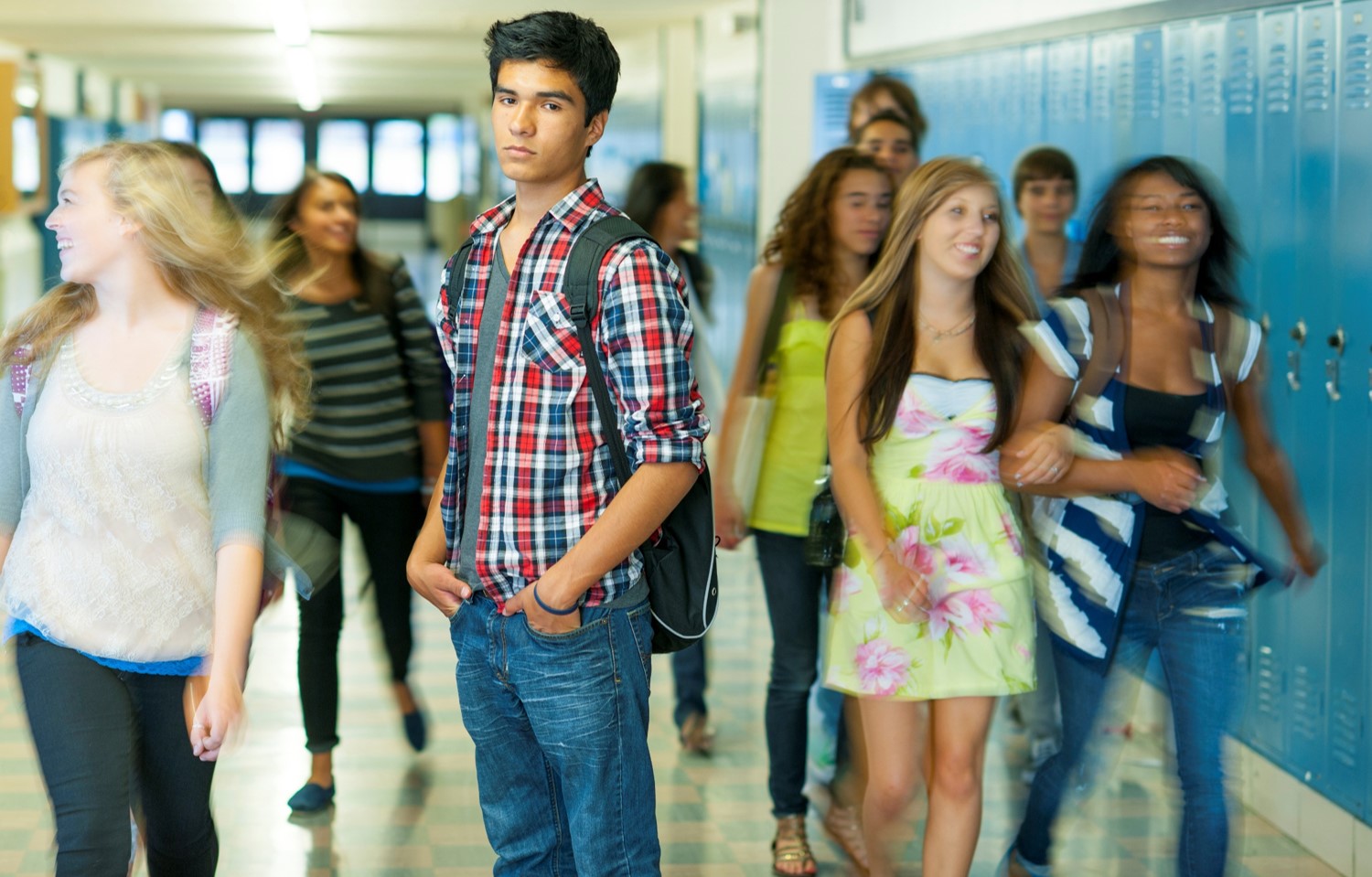 Kids in school hallway