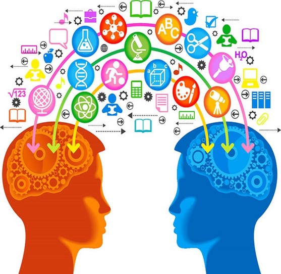 Image of two heads with ideas flowing between them in multiple colors