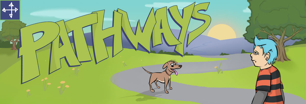 Pathways comics. Image of young adult and dog.