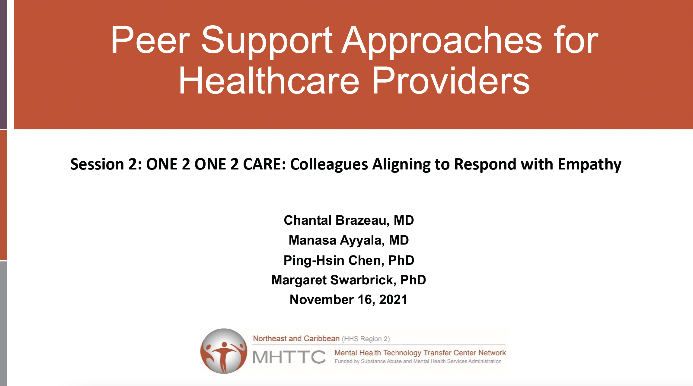 Peer Support Approaches for Healthcare Providers Session 2: ONE 2 ONE 2 CARE: Colleagues Aligning to Respond with Empathy