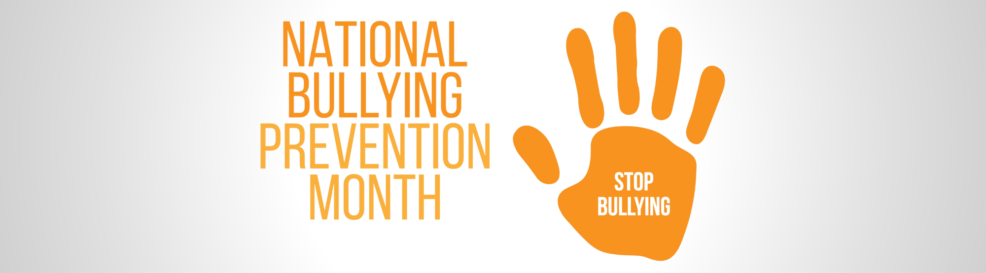 Image of an orange handprint on a white background with the text "Stop Bullying" in the handprint and the text "National Bullying Prevention Month" next to the handpring