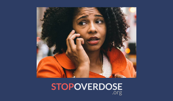 Image of a woman making a phone call and looking concerned with stopoverdose.org link shown
