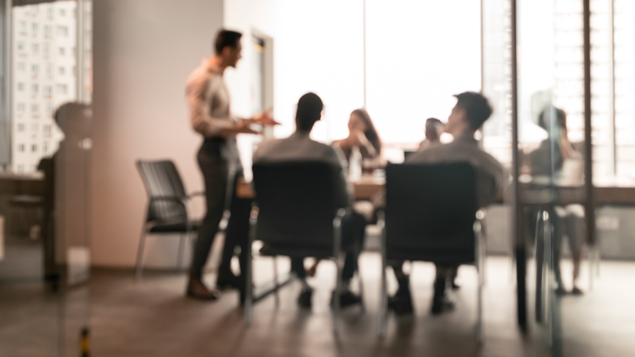 A image showing a group of professionals working in a conference room. The image is purposefully blurred. 