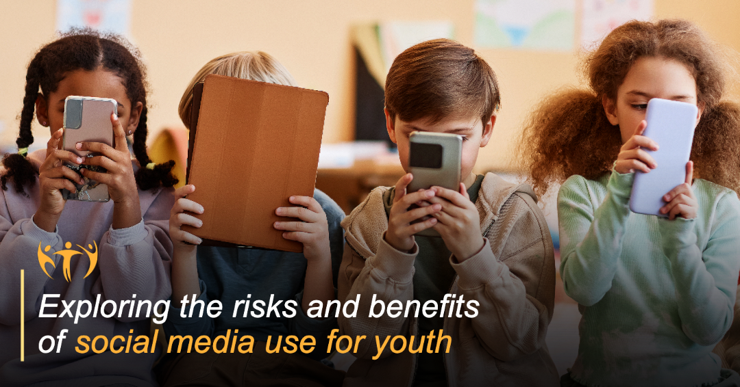 Multiple kids hyper focused on mobile devices, text reads "Exploring the risks and benefits of social media use for youth"