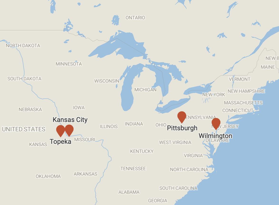 A map with pins on Topeka, Kansas City, Pittsburgh, and Wilmington