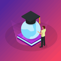 image of man interacting with globe on book with diploma