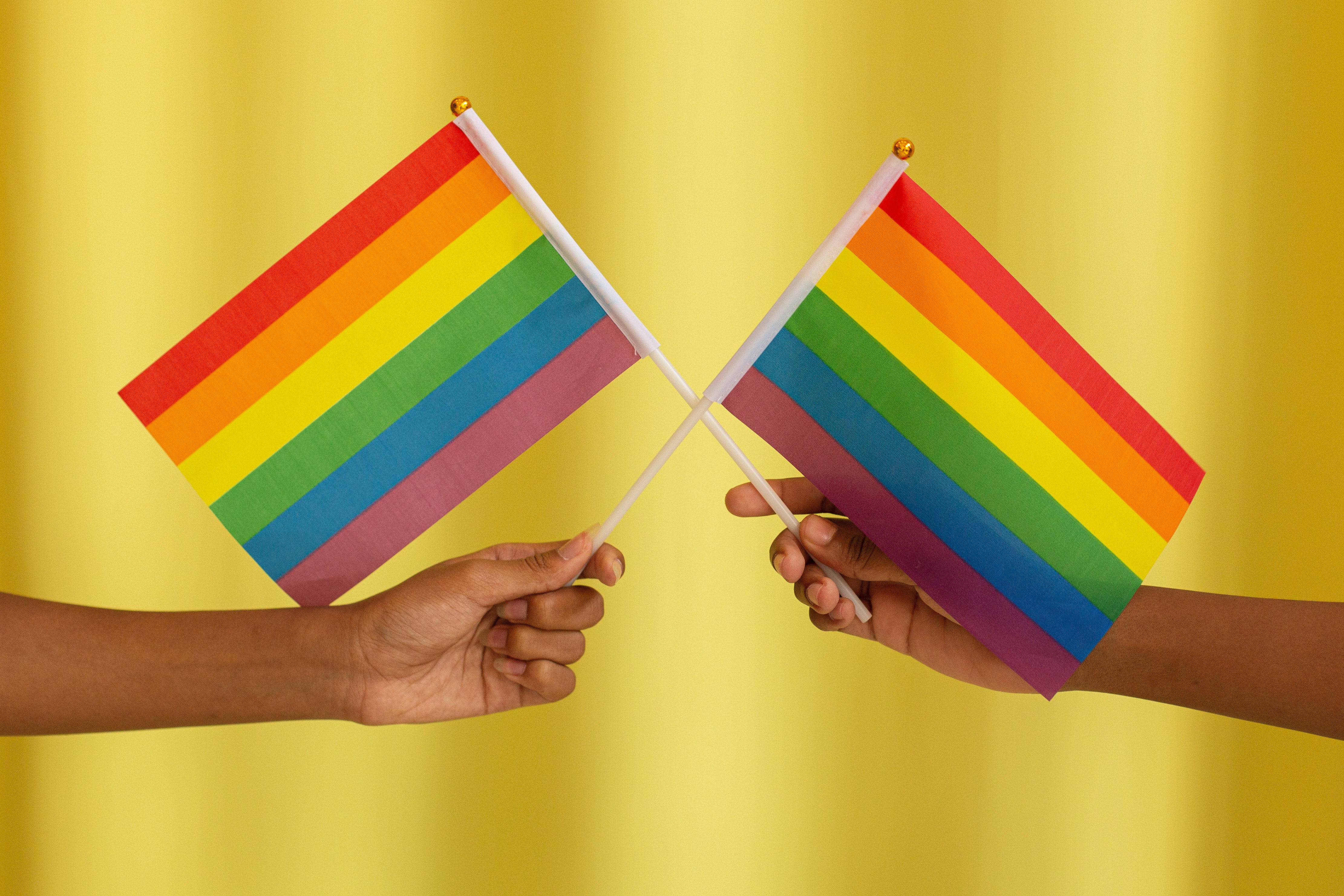 Two hands holding small pride flags in front of a yellow background. 